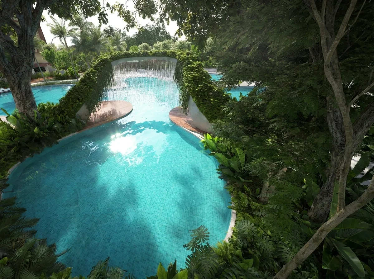The Lagoon main pool with waterfall archway and tropical planting