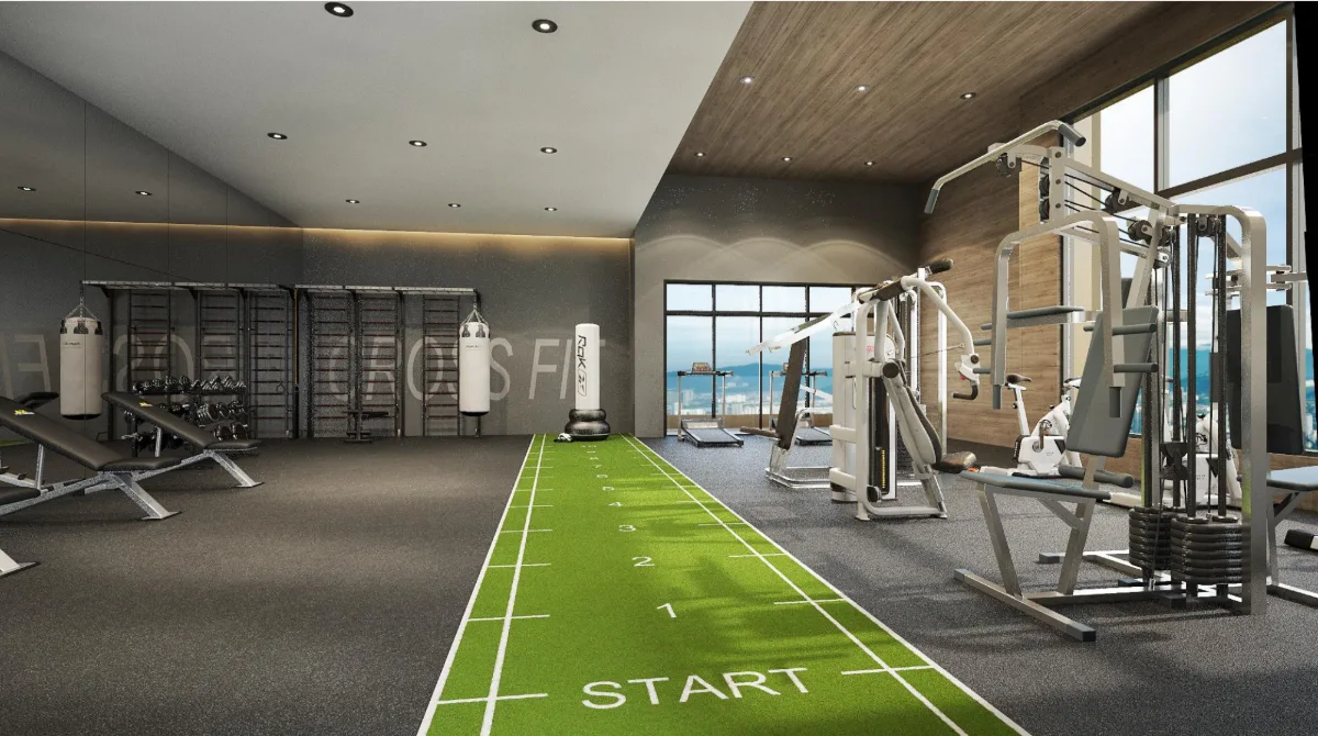 Sky Gym with sprint track, weights and panoramic windows