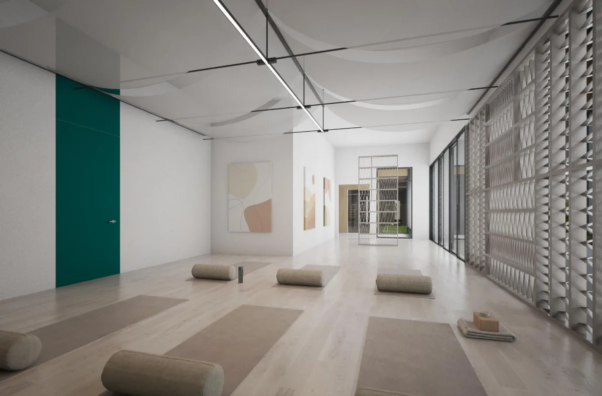 Multipurpose hall with timber floor, mats and screened facade