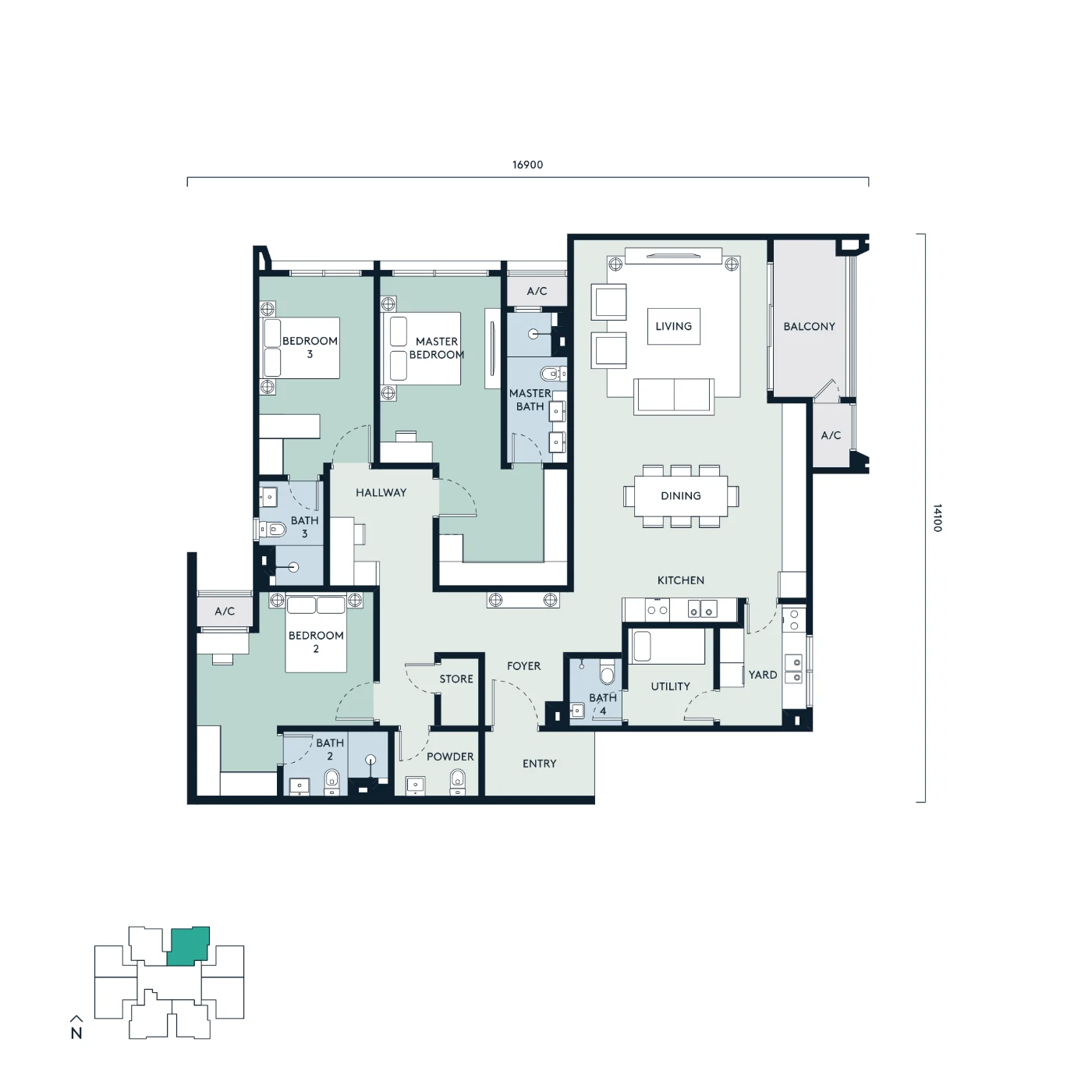 Type C unit floor plan with room labels and dimensions