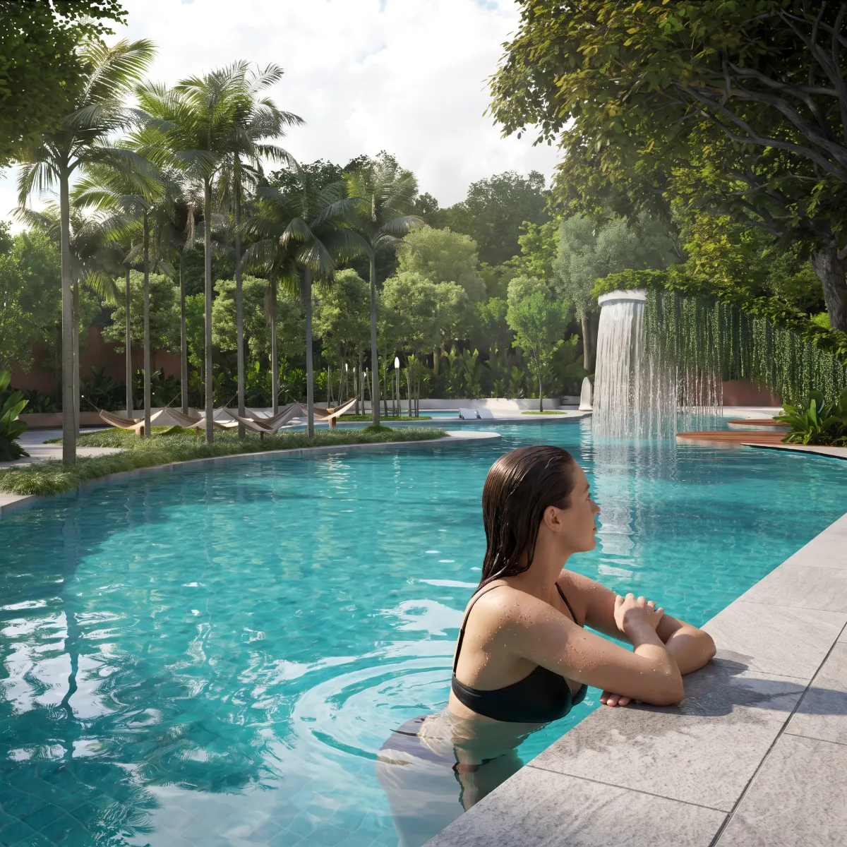 Resident relaxing at the poolside edge with waterfall feature and tropical landscaping