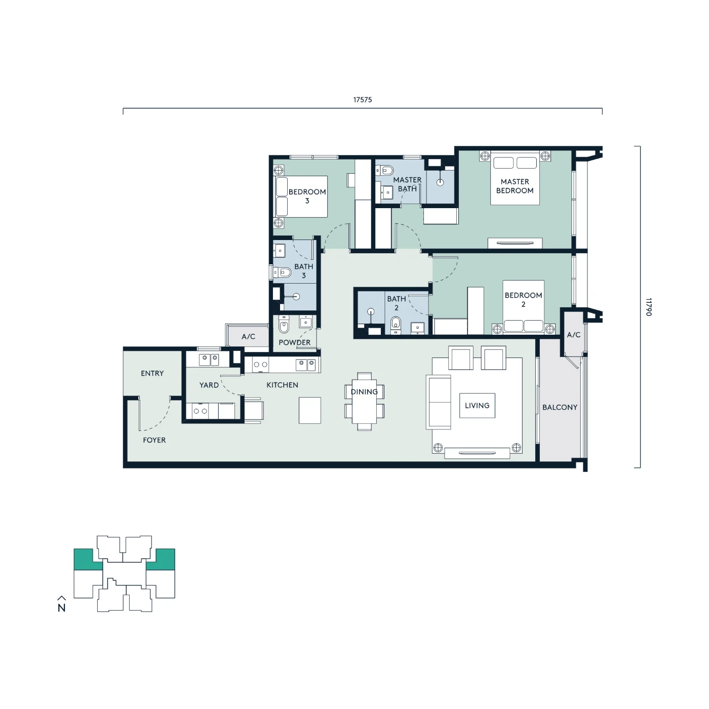 Type A unit floor plan with room labels and dimensions
