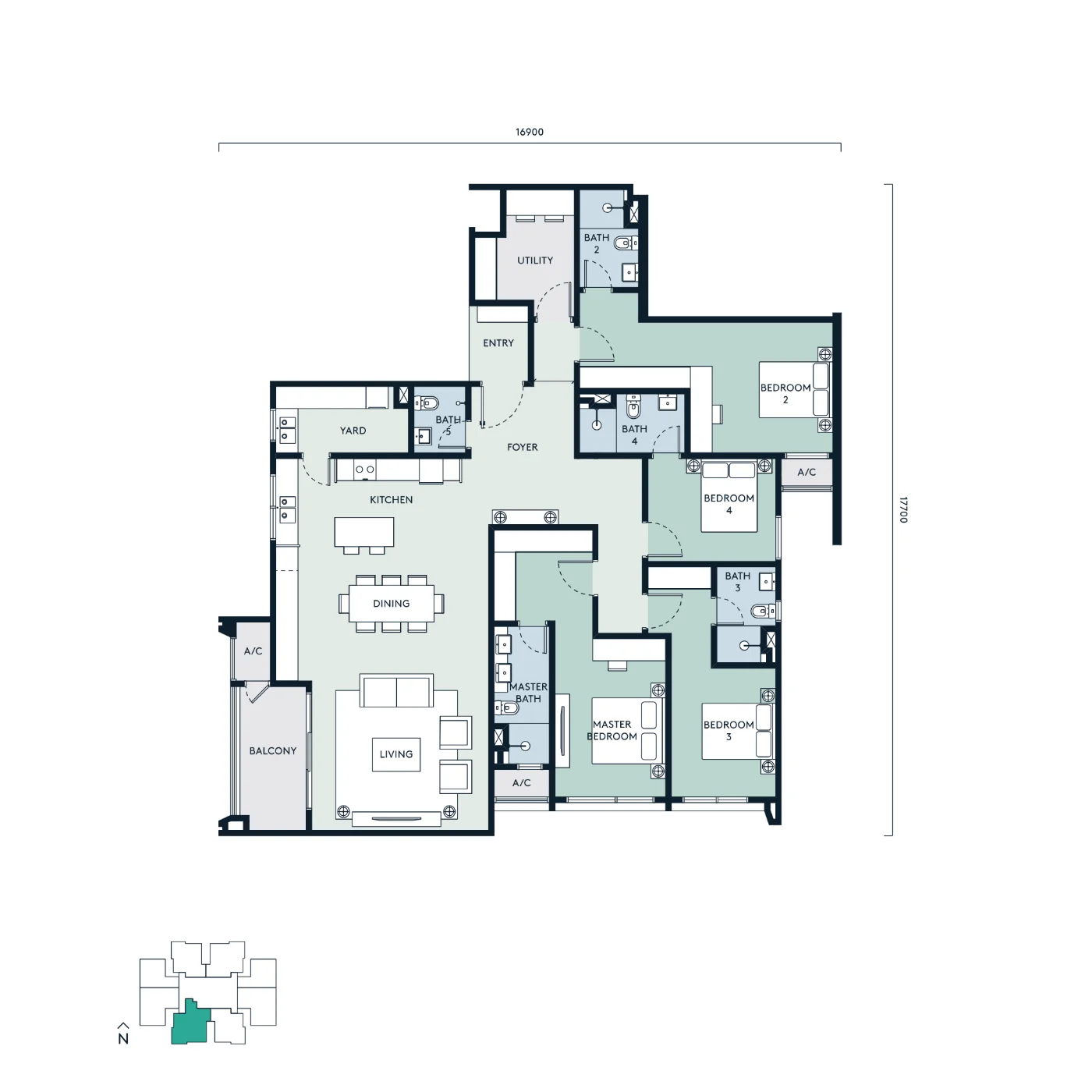 Type E unit floor plan with room labels and dimensions