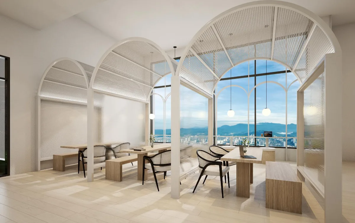 Sun Loft co-working space with arched windows and city views