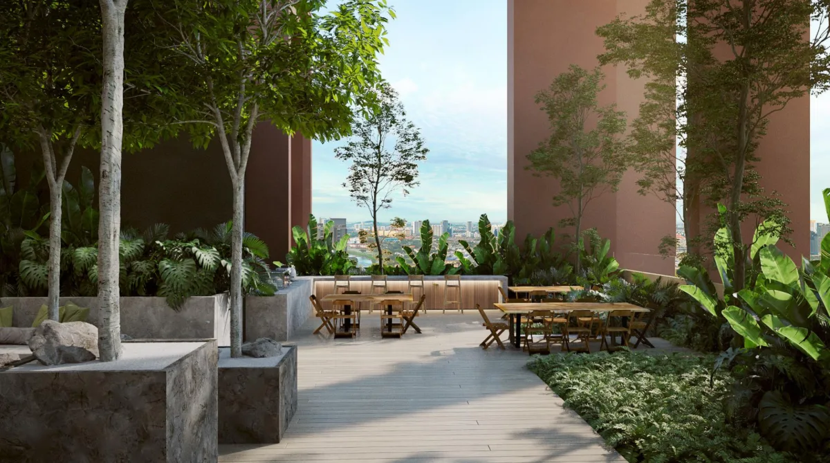 Cloud Park rooftop garden with communal timber tables and city views