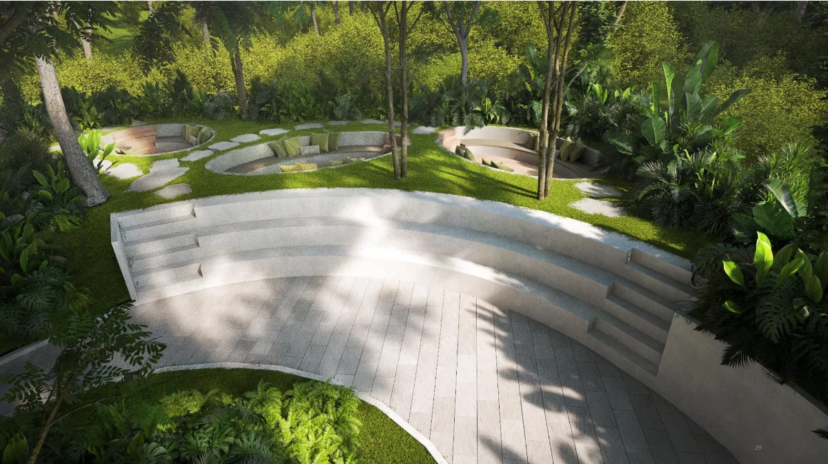 Theatre steps with curved seating and sunken conversation pods above