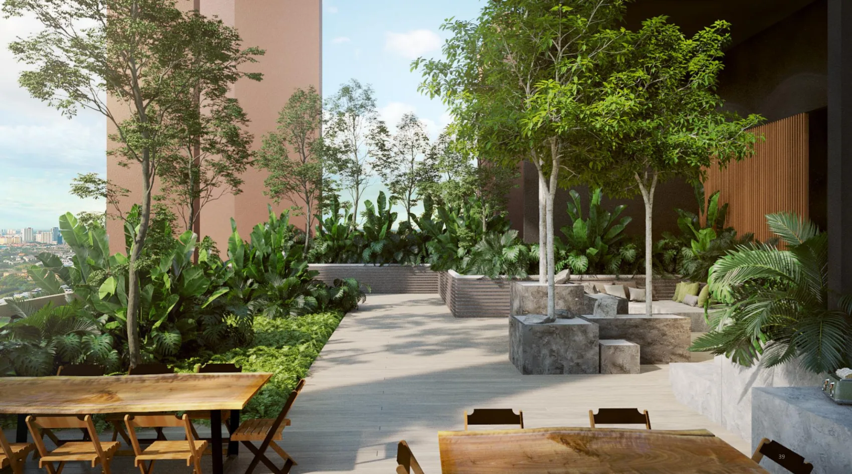 Rooftop garden terrace with communal timber table and city skyline