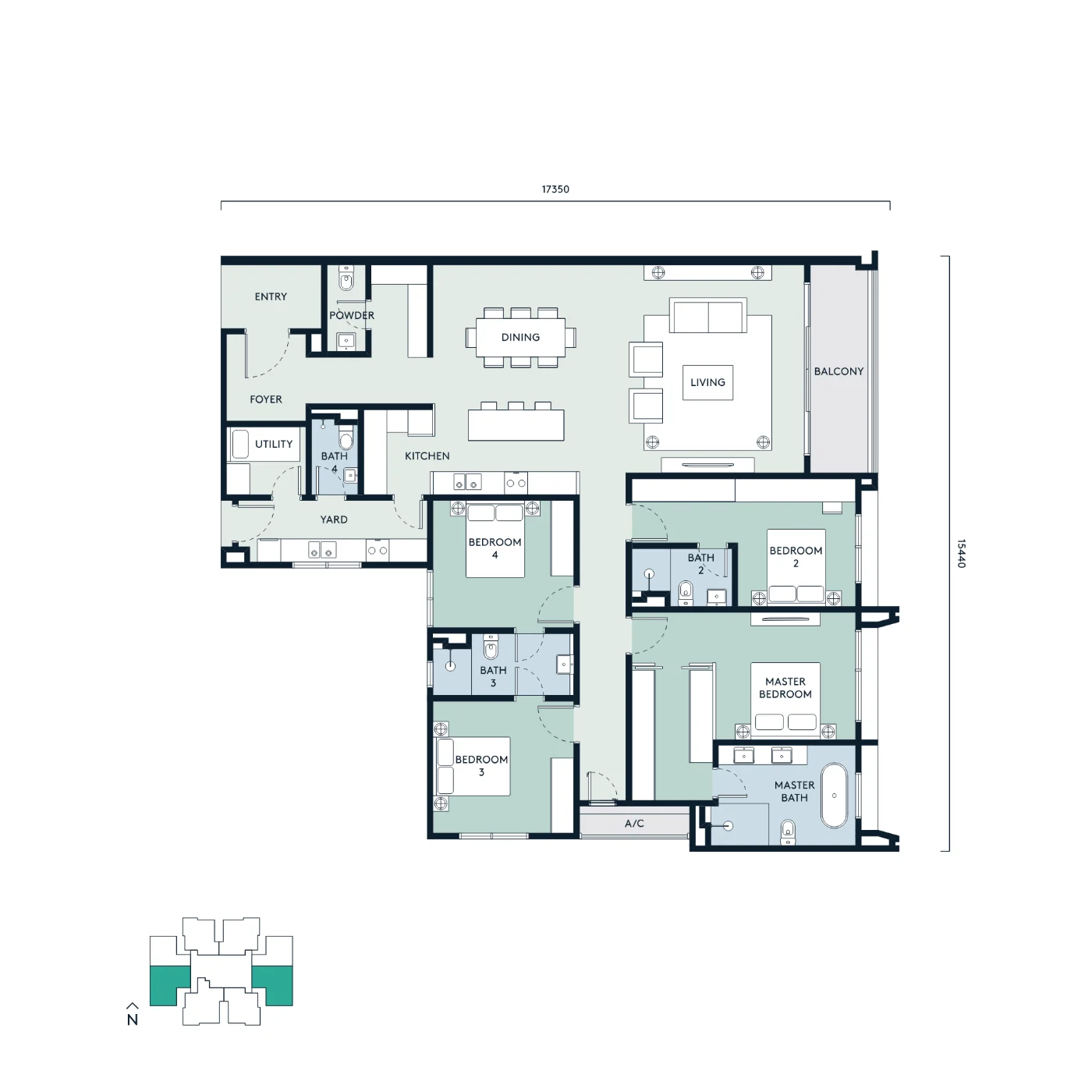 Type D unit floor plan with room labels and dimensions
