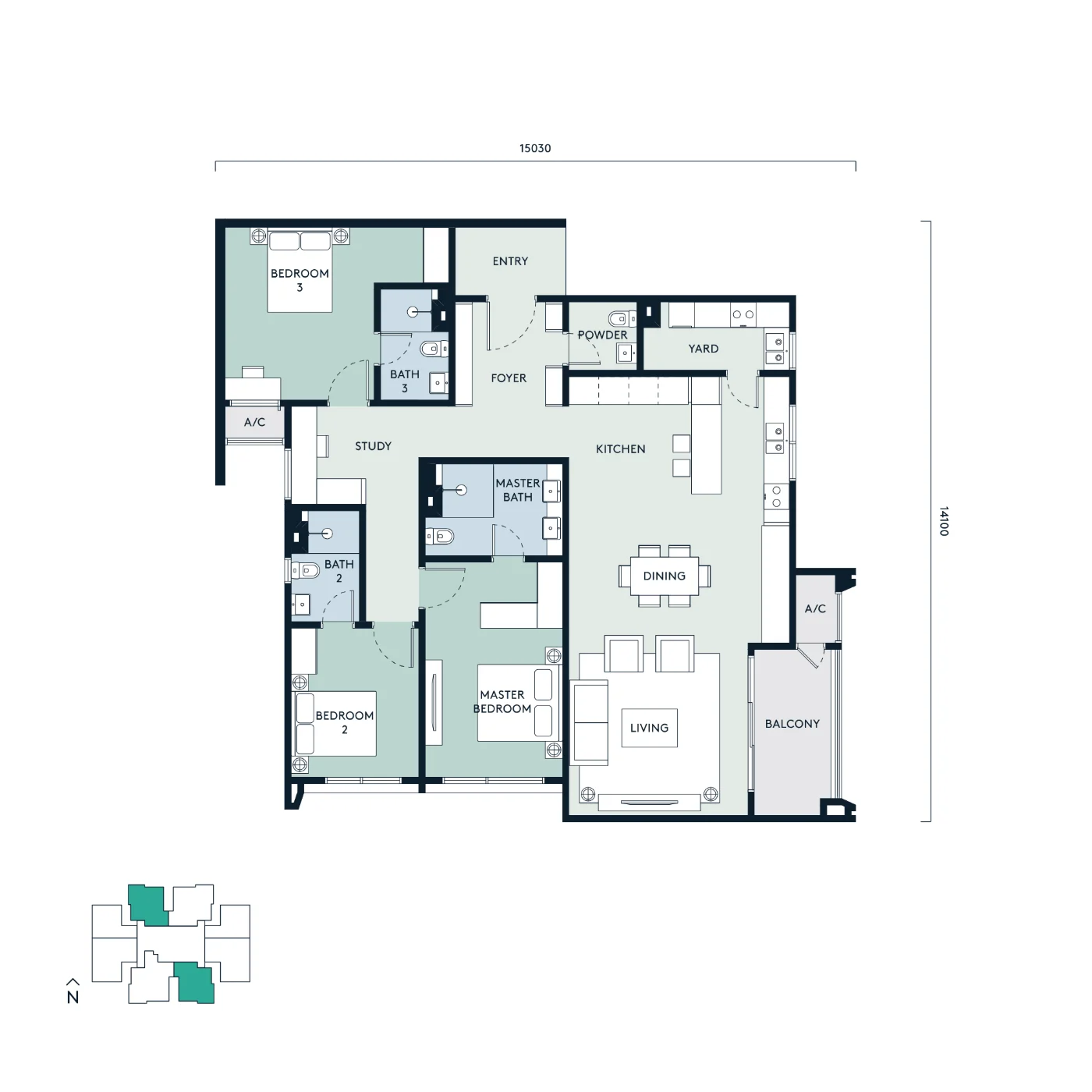 Type B unit floor plan with room labels and dimensions